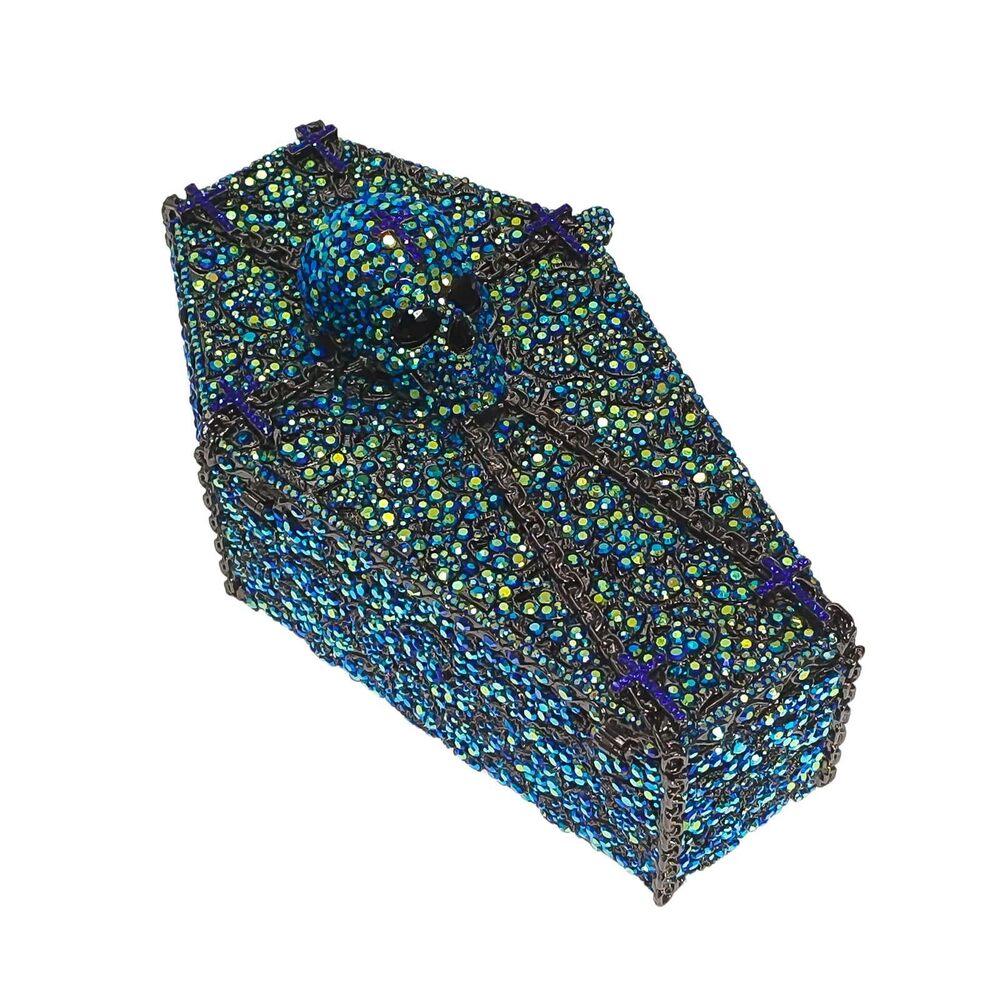 9663 Cool Skull Evening Bag Coffin Shaped Handbag Novelty Cross Rhinestone